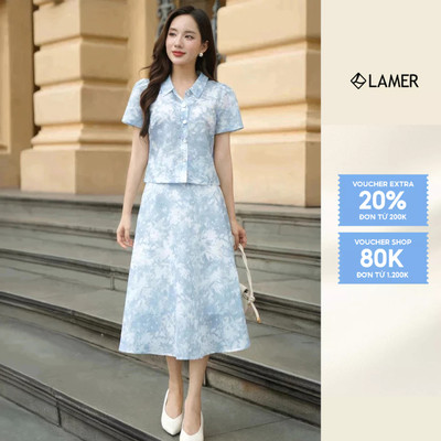 Áo nữ croptop cổ bẻ đính cúc phối Chân váy xoè tròn họa tiết loang LAMER L61H25H068 L62L25H016