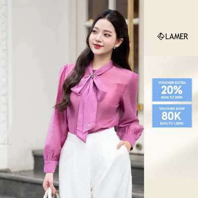 Áo Sơ Mi Nữ Cổ Nơ Thêu Chữ LAMER Hồng, Be Nữ Tính L61H25Q008