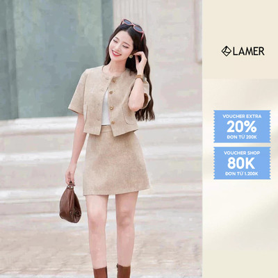 LAMER Áo Dạ Vest Dáng Suông Cổ Tròn Croptop Phối Chân Váy Chữ A Dáng Ngắn O65W25T008, O62R25T001