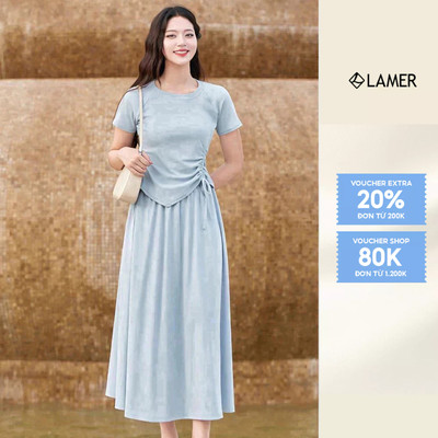 Áo Thun Tay Ngắn Rút Chun Phối Chân Váy Xoè Dài Chun Eo VIEN TRAN D61B25H014 D62L25H006