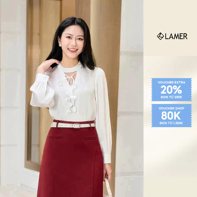 Áo Sơ Mi Nữ Cổ Tàu Dáng Suông Dài Tay Dây Buộc Đính Hoá LAMER L61B25Q027