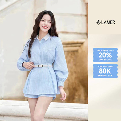 Áo Sơ Mi Nữ Dài Tay Kẻ Sọc Phối Ren, Quần Short Giả Váy VIEN TRAN O61H25Q005 O64S25H005