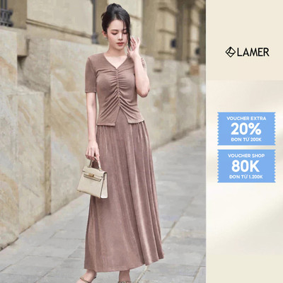 Áo dáng ôm tay cộc thun nhún phối phối chân váy thun cạp chun dáng dài LAMER L61B25H057 L62L25H012
