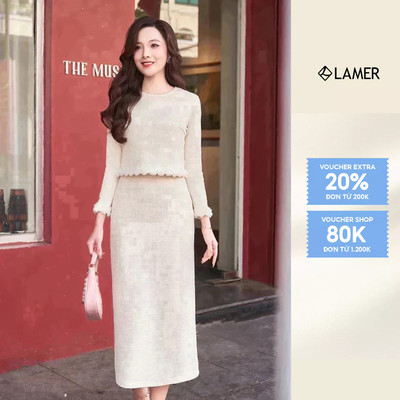Áo Len Nữ Dáng Croptop Cổ Tròn Phối Viền Lông Phối Chân Váy Len Xốp Dáng Suông LAMER S61B24T003 S62T24T001