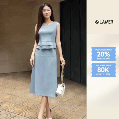 Áo sát nách cổ tròn, gấu xếp tầng phối Chân váy dáng A cạp liền bổ mảnh LAMER O61B24H014, O62R24Q012