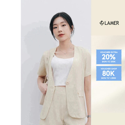 Áo Blazer Nữ Cổ V Tay Ngắn Phối Quần Short Cạp Liền Vải Dày Dặn VIEN TRAN V64S24H002,V65D24H017