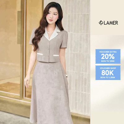 Set Áo Sơ Mi Croptop Phối Chân Váy Chữ A Xoè Dài Ngang Gối LAMER O65D24H009, O62L24Q010