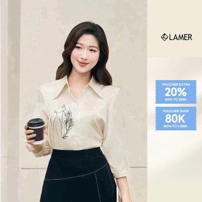 Áo Sơ Mi Nữ LAMER Tay Lửng Thêu Hình Cô Gái, Sơ Mi Lụa Thời Trang Công Sở L61H25Q003