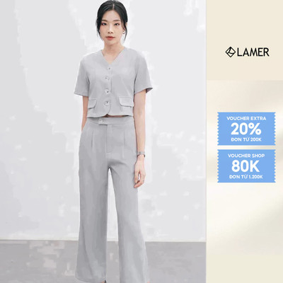 Áo Sơ Mi Cổ Tim Cài Cúc Túi Giả Phối Quần Ống Rộng Xếp Ly Bung VIEN TRAN V65D24H003, V64W24Q003