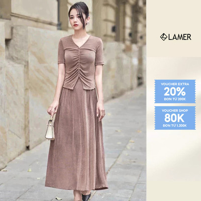 Áo Thun Nhún Thân Đính Cúc Phối Chân Váy Dáng Xòe Dài LAMER O61B25H001 O62L25H001