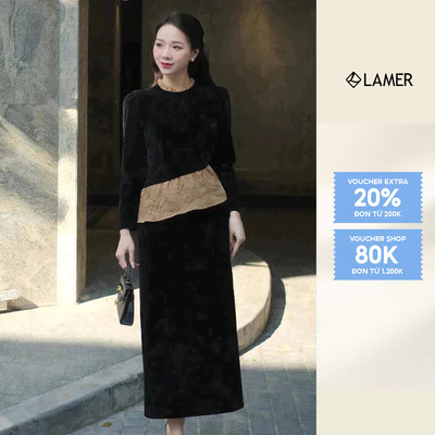 Áo Nhung Dáng Ôm Dài Tay Phối Chân Váy Nhung Dài Dáng Suông LAMER O61B24T002 O62T24T001