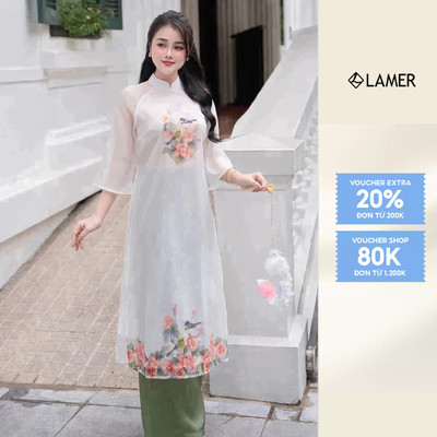 Áo Dài Cách Tân Nữ LAMER Dáng Suông Tay Lỡ 2 Tà Lụa Tơ Óng Đính Kết Thủ Công Áo Dài Vân Tước S61A23Q009