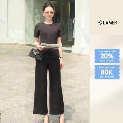 Áo Kiểu Công Sở Nữ Cổ Tròn Cài Cúc Phối Quần Ống Rộng LAMER O65D25Q002 O64W25Q002 (không có thắt lưng)