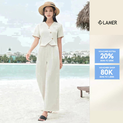Áo Kiểu Nữ Tay Ngắn Vạt Chéo Cổ V, Phối Quần Suông Ống Rộng LAMER V65D24Q024, V64W24Q014