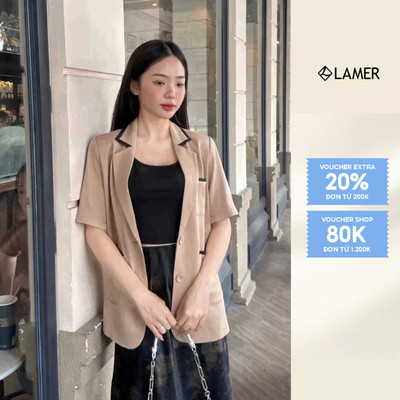 Áo Blazer Nữ Tay Ngắn Dáng Suông Phối Viền VIEN TRAN V65B25Q004