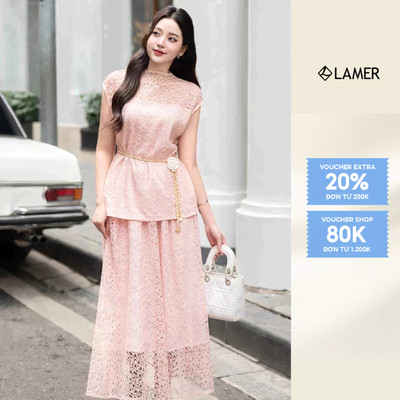Áo ren vai chờm, dây eo phối Chân váy ren xòe, cạp chun, Thắt lưng rời LAMER L62L25H001, L61B25H005