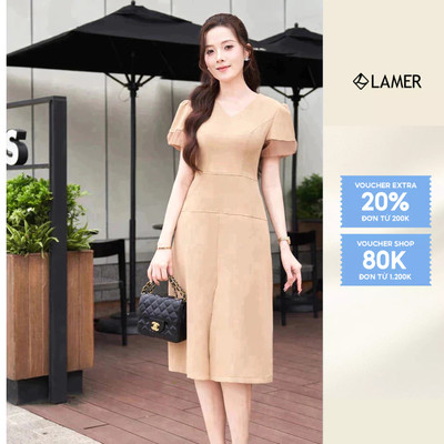 Đầm nữ dáng A cổ tim tay bồng xẻ trước LAMER L63R24H095