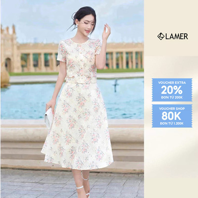 Áo sơ mi nữ LAMER họa tiết hoa cổ tròn phối Chân váy nữ dáng xòe L61H25H029, L62L25H006