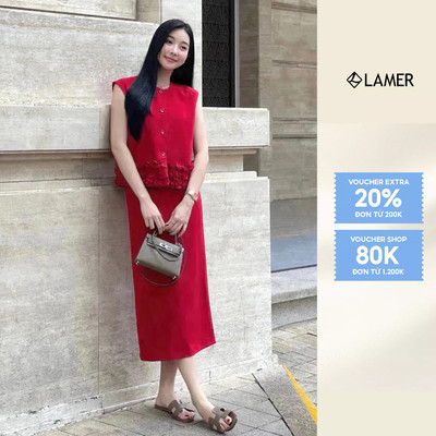 Áo Khoác Gile Dáng Suông Cổ Tròn Phối Chân Váy Dáng Dài Suông Xẻ Sau VIEN TRAN V65O25Q003 V62M25Q003