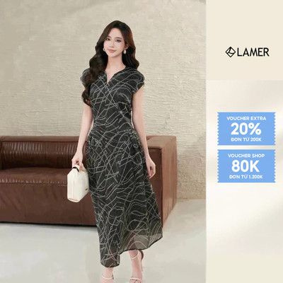 Đầm Dáng Xoè Cổ Tròn Xẻ V Đầm Sang Trọng Tơ Óng Hàn LAMER L63L25H034