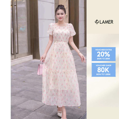 Đầm Maxi Xoè Chiết Eo Váy Đầm Dáng Suông Dài 2 Lớp Tơ Hoa LAMER L63M25H030