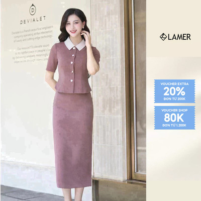 Áo vest đờ mi LAMER cổ đức tay lỡ cúc ngọc phối Chân váy bút chì L65D25Q014, L62F25Q018