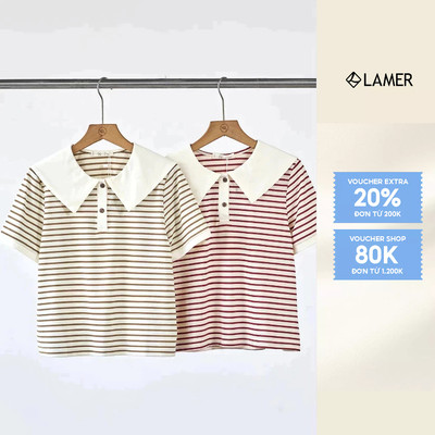 Áo Thun Kẻ LAMER Dáng Croptop Phối Cổ Tay Ngắn Trẻ Trung H61B26H001