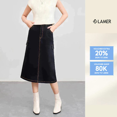 Chân váy jean dáng midi VIEN TRAN suông nắp túi giả V62T24Q006