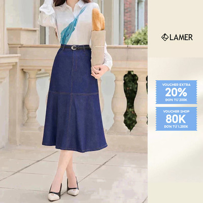 Chân váy jean nữ VIEN TRANN dáng dài gấu xòe V62L24Q012