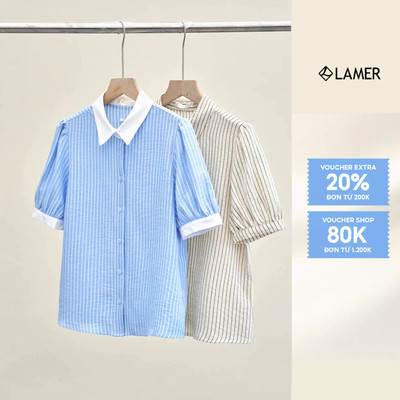 Áo Sơ Mi Nữ LAMER Cộc Tay Cổ Đức Họa Tiết Kẻ Sọc, Phối Màu Công Sở V61H26H007