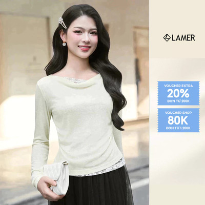 Áo dài tay trễ vai chun sườn phối ren LAMER V61B25Q030