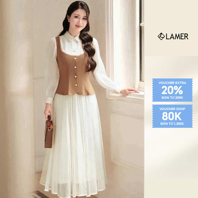Áo Sơ Mi LAMER Phối Giả Gile Dáng Ôm Phối Chân Váy Xòe Phủ Lưới Trắng Kem L61H25Q001, N62L25Q019