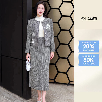 Áo Dạ Tweed Suông 2 Lớp Thêu Hoa, Chân Váy Dạ Dai Xẻ Sau LAMER L65W25T020 L62M25T007