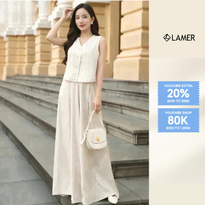 Áo Gile Sát Nách Cổ Tim Phối Quần Dài Ống Rộng Ly Súp VIEN TRAN O65D25H018 O64W25H006