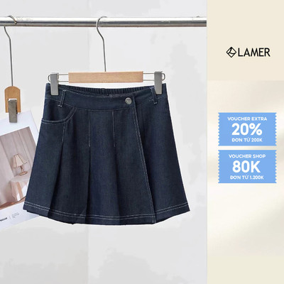 Quần Shorts Giả Váy LAMER Xếp Ly Lệch Chất Bò Lụa Giả Jean Mềm Mại V64S26Q001