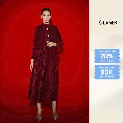 Đầm Nhung Dập Ly Xoè Dài Cổ 3 Phân, Áo Khoác Gile Phối Gấu Long Vũ LAMER L63M25T004 L65G25T019