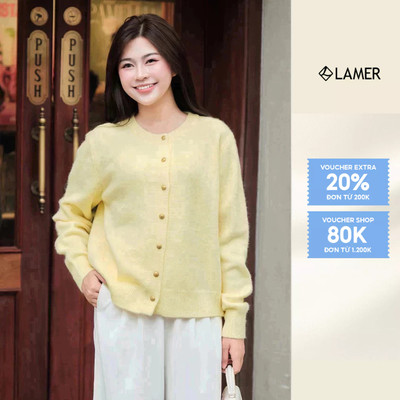 LAMER Áo Len Cardigan Dáng Suông Áo Khoác Len Dài Tay Cổ Tròn Len Thỏ Phối Cúc Đồng O65C25T010
