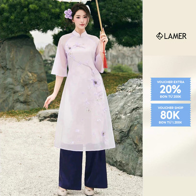 Áo Dài Dáng Suông LAMER Cách Tân (Không Quần) 2 Tà Tơ Óng Cao Cấp Áo Dài Bách Điệp S61A24Q004 (không kèm quần)