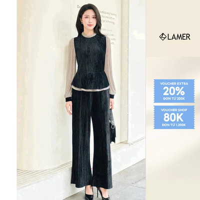 Áo peplum cổ bèo phối tay Phối Quần nhung ống rộng cạp chun LAMER L61B25T013 L64W25T002