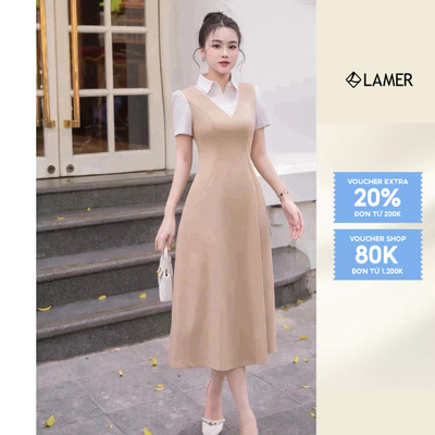 Đầm Phối Sơ Mi Dáng Xoè Váy Yếm Cổ Tim LAMER O63L25H016