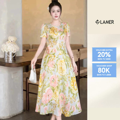 Áo Kiểu Nữ Dáng Suông Cổ Tròn Đính Ngọc Trai Phối Chân Váy Dáng Xoè Dài Hoạ Tiết LAMER L61B25H042 L62L25H007