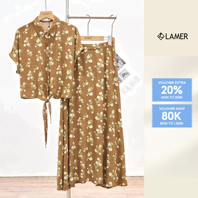 Áo dáng suông cổ đức buộc vạt phối chân váy dáng xòe, cạp chun LAMER L62L25H008 L61H25H031