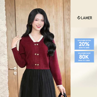 Áo Len Nữ Cổ Tim Dáng Croptop Nẹp Giả Cúc Tim Nữ Tính Lamer L61W25T005