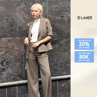 Áo khoác nữ Blazer cổ 2 ve đai eo Phối Quần ống rộng ly bung túi dọc VIEN TRAN V65D23Q009 V64W24Q018