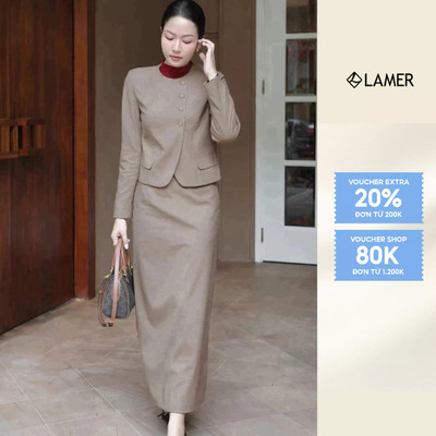 Áo Khoác Nữ Dài Tay Dáng Croptop Vạt Tròn  Phối Chân Váy Dài Dáng Suông VIEN TRAN V65B24T015 V62T24T001