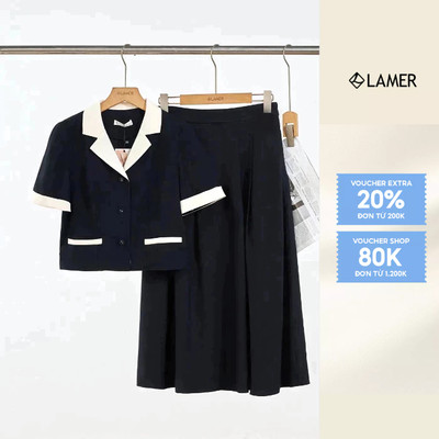 Áo đờ mi nữ cổ 2 ve tay lơ vê phối Chân váy xoè chun sau xếp ly LAMER L65D25Q018 L62L25Q023