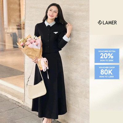 Áo Sơ Mi Dài Tay Phối Màu Cổ Đức Phối Chân Váy Xòe Ly Bung Maxi VIEN TRAN V65B25T007 V62L25T003