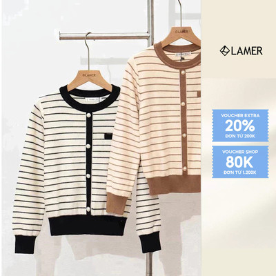 Áo len cổ tròn bo gấu phối kẻ LAMER L61W23T016