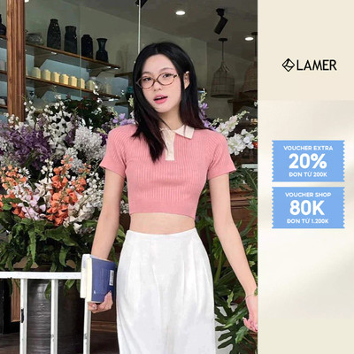 Áo len nữ dáng croptop cổ bẻ nẹp trụ phối VIEN TRAN V61W24Q037