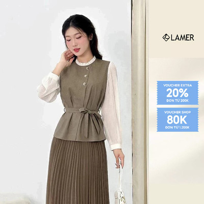 Áo nữ kiểu LAMER dáng suông phối nơ eo, cổ bèo dài tay mềm mại L61B24Q033